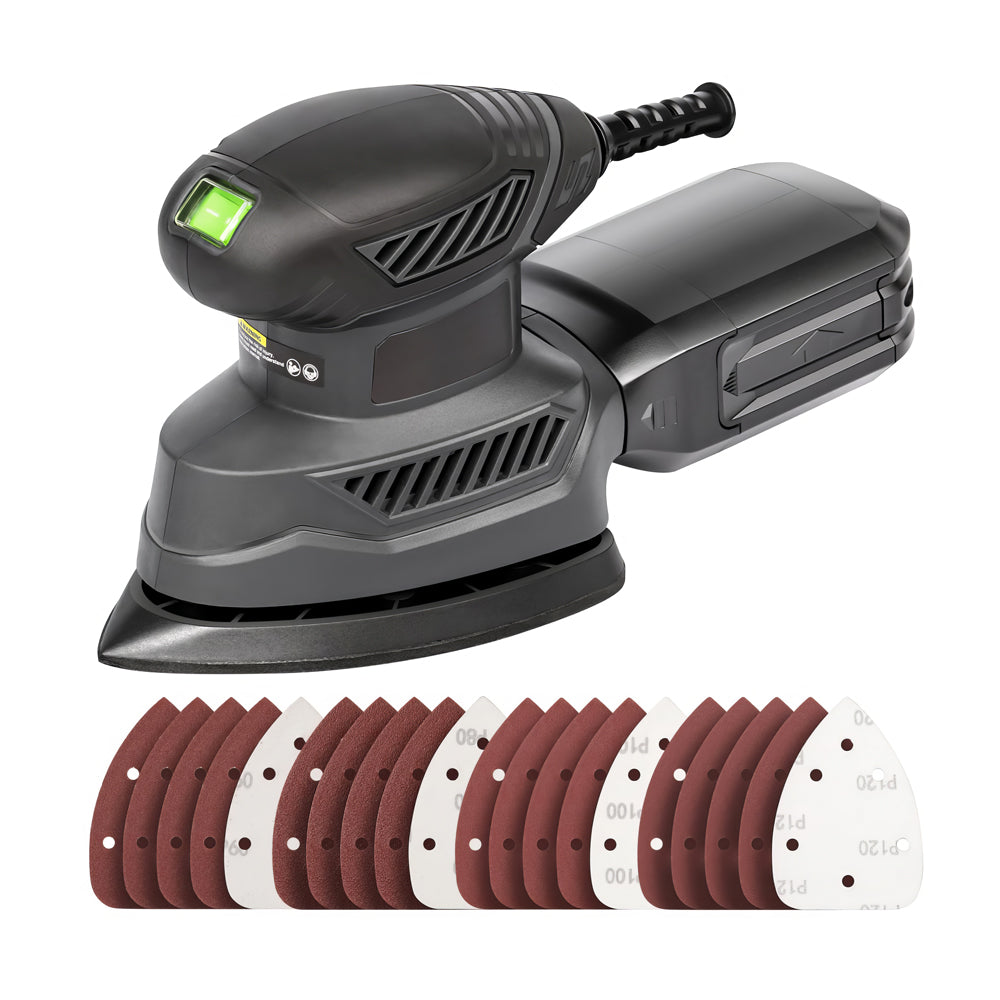Detail Sander w/ 20Pcs Sandpaper & Dust Box - 13,000 OPM, Soft Grip Woodworking