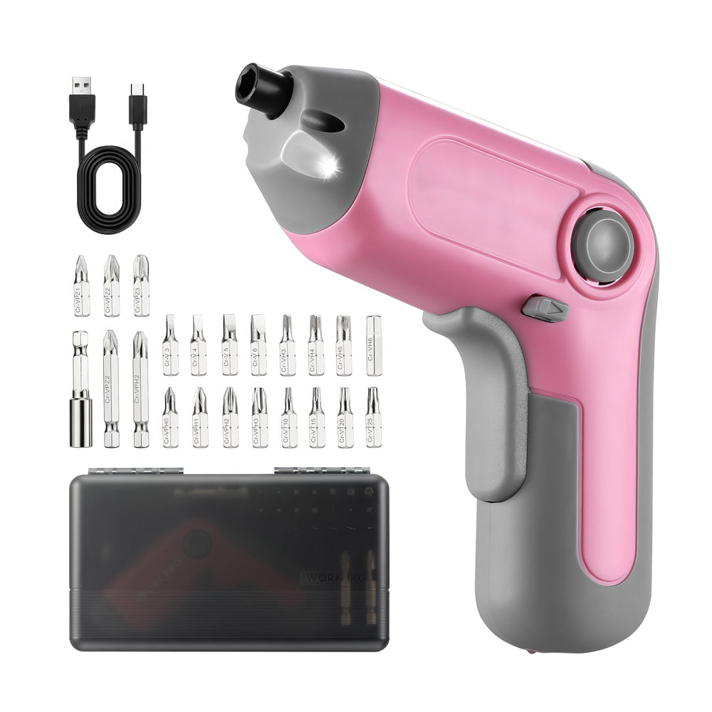 Pink Cordless Screwdriver w/ Offset Shaft & 22 Bits - 3.6V USB-C, LED, Case